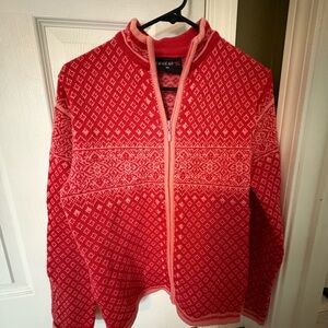 Red and White Icewear Patterned Zip-Up Sweater